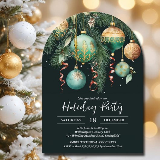 Invitation Gold Baubles Christmas Tree Party