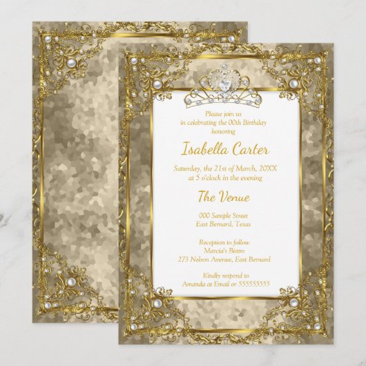 Invitation Gold Beige Anniversaire Party Gold White Tiara (Devant / Derrière)