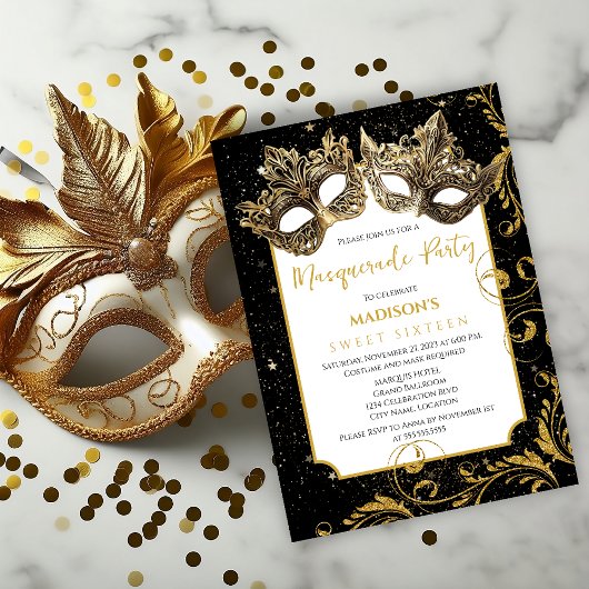 Invitation Gold Birthday Masquerade Party