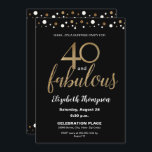 Invitation Gold Black 40 et fabuleuse fête d'anniversaire Sur<br><div class="desc">"40 et fabuleux" quel anniversaire d'étape. Personnalisez cette invitation chic surprise avec des confettis blancs en or sur noir. Inclure tous les détails de la fête pour les invités,  trouver les fournitures de fête correspondantes de cette collection. 

*L'effet or est un graphique imprimé</div>