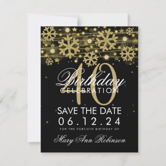 Invitation Gold Black 40th Birthday Save Date Winter (Devant)