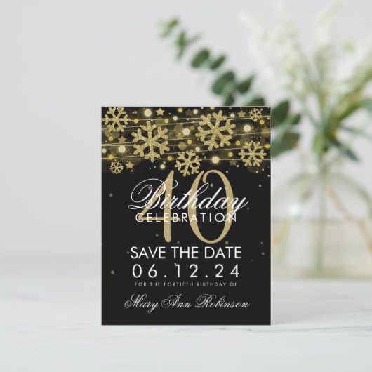 Invitation Gold Black 40th Birthday Save Date Winter (Debout devant)
