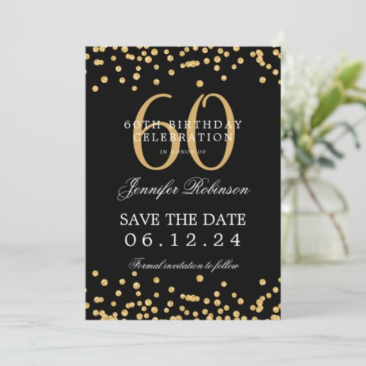 Invitation Gold Black 60e anniversaire Enregistrer la date Co (Debout devant)
