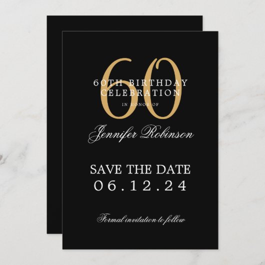 Invitation Gold Black 60th Birthday Enregistrer la date (Devant / Derrière)