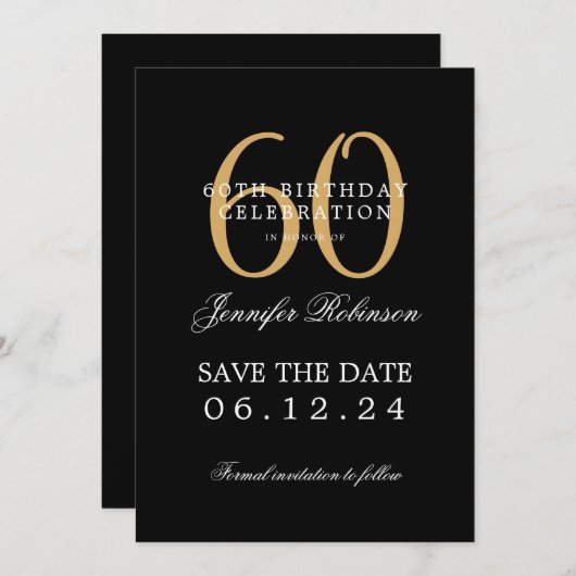 Invitation Gold Black 60th Birthday Enregistrer la date avec  (Devant / Derrière)