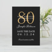 Invitation Gold Black 80th Birthday Enregistrer la date avec (Debout devant)
