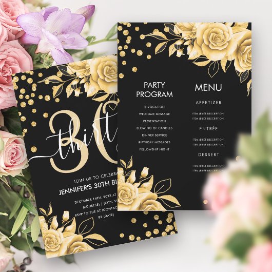 Invitation Gold Black AllinOne Parties scintillant florale 30