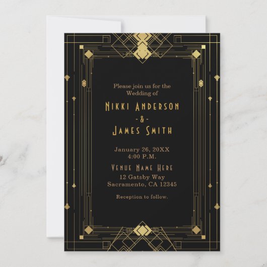 Invitation Gold & Black Art Déco Gatsby Roaring 20's Elegant (Devant)