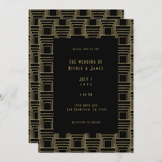 Invitation Gold Black Art Déco Mariage rétro élégant et géomé (Devant / Derrière)