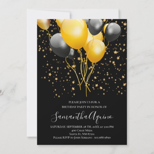 Invitation Gold & Black Balloons Gold Star Confetti Anniversa (Devant)