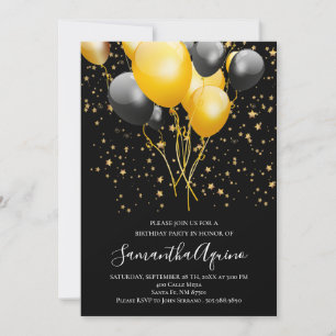 Invitation Gold & Black Balloons Gold Star Confetti Anniversa