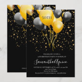 Invitation Gold & Black Balloons Star Confetti 50e anniversai (Devant / Derrière)
