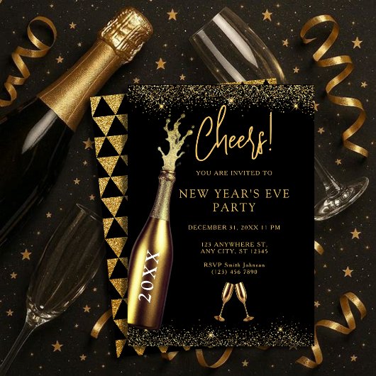 Invitation Gold & Black Champagne Bottle New Year's Eve Party
