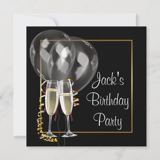 Invitation Gold Black Champagne Mans fête d'anniversaire (Devant)
