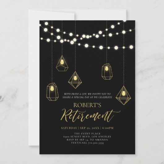 Invitation Gold & Black Chic String Lights Retraite (Devant)
