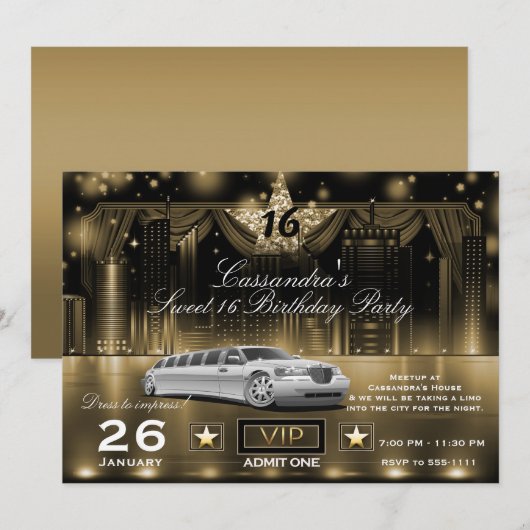 Invitation Gold Black City Night Lights Limo fête d'anniversa (Devant / Derrière)