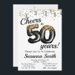 Invitation Gold Black Classy 50th Birthday Party<br><div class="desc">Salut à 50 ans ! 
Cette invitation amusante est parfaite pour la femme de classe qui fête son 50e anniversaire. 
Le design est orné d'or,  de noir et blanc avec des confettis et des ballons de célébration. 
Les invités seront ravis de commencer la fête avec cette invitation unique.</div>