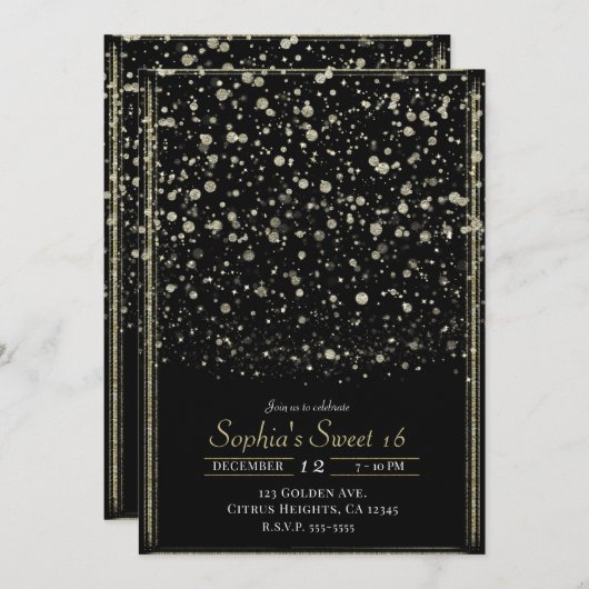 Invitation Gold & Black Confetti Splatter Sweet 16 Party (Devant / Derrière)