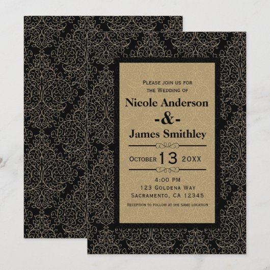 Invitation Gold & Black Damask Art Déco Glamor Chic Mariage (Devant / Derrière)
