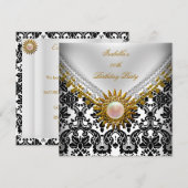 Invitation Gold Black Damask Blanc Élégante fête d'anniversai (Devant / Derrière)