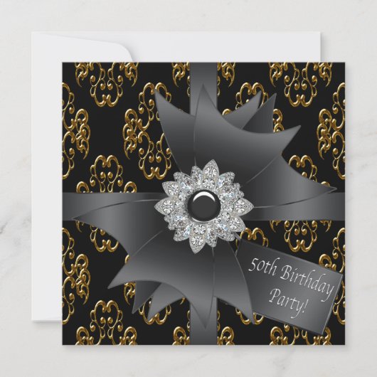 Invitation Gold Black Damask cadeau Classy 50e anniversaire (Devant)