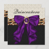 Invitation Gold Black Damask Violet Quinceanera (Devant / Derrière)