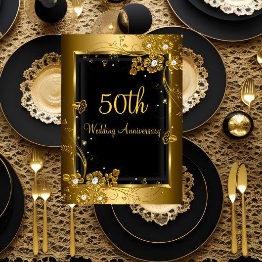 Invitation Gold Black Diamond Floral 50e Anniversaire