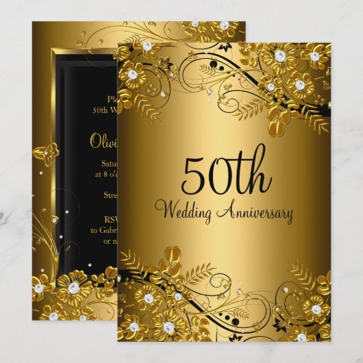 Invitation Gold Black Diamond Floral Swirl 50e Anniversaire (Devant / Derrière)