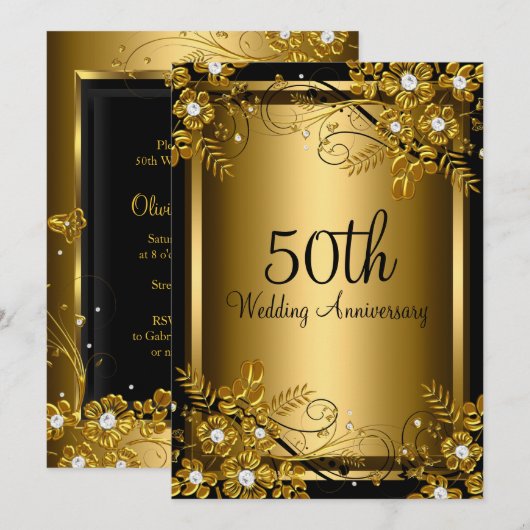 Invitation Gold Black Diamond Floral Swirl 50e Anniversaire (Devant / Derrière)