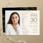 Invitation Gold Black Elegant Surprise Photo 30e anniversaire<br><div class="desc">Crème or florale et surprise noire 30ème anniversaire invitation fête avec votre photo sur le devant de la carte. Design moderne élégant avec accents de dessin botanique et police de script de typographie. Carte invitation simple et tendance, parfaite pour une célébration anniversaire élégante. Peut être customisé à n'importe quel âge....</div>