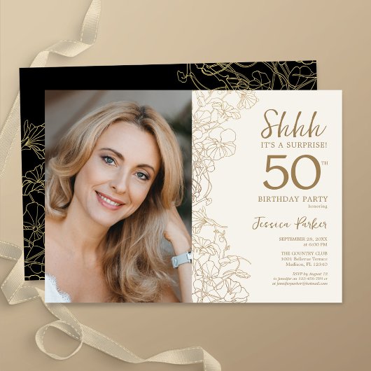 Invitation Gold Black Elegant Surprise Photo 50e anniversaire