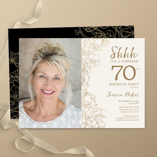 Invitation Gold Black Elegant Surprise Photo 70e anniversaire