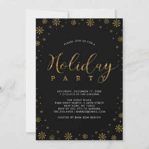 Invitation Gold & Black Fête moderne de Noël avec flocons d
