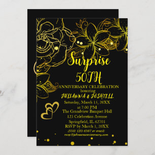 Invitation Gold Black Floral Surprise 50e Anniversaire d'or