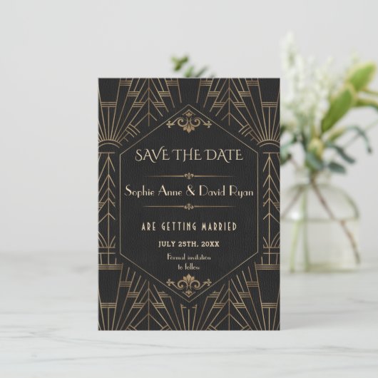 Invitation Gold Black Great Gatsby 20s Mariage Enregistrer la (Debout devant)