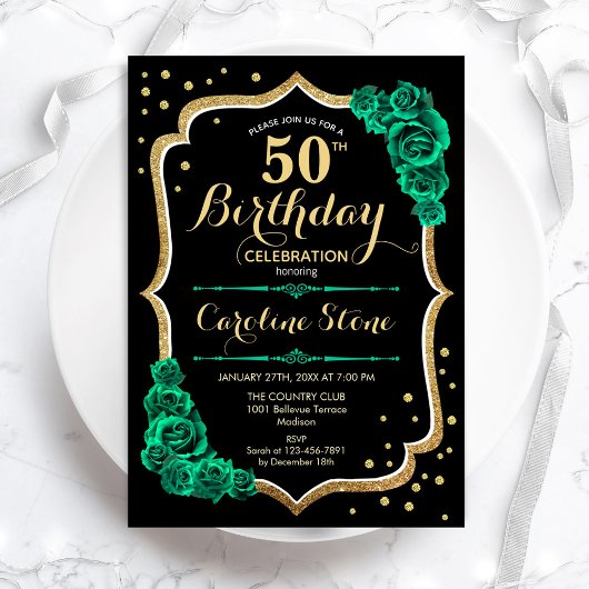 Invitation Gold Black Green Roses 50e anniversaire