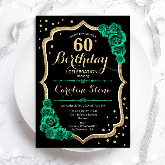 Invitation Gold Black Green Roses 60e anniversaire