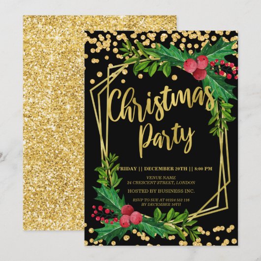 Invitation Gold Black Holly Frame Parties scintillant Noël En (Devant / Derrière)
