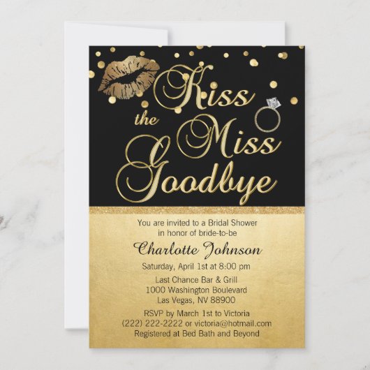 Invitation Gold Black Kiss the Miss Goodbye Fête des mariées (Devant)