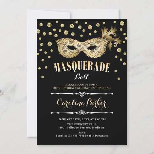 Invitation Gold Black Masquerade bal Anniversaire (Devant)
