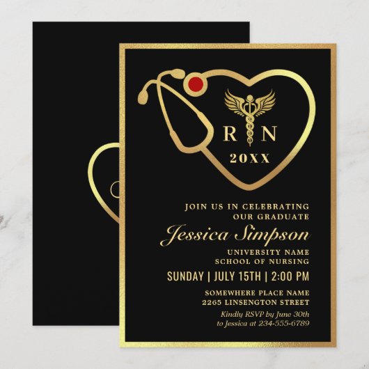 Invitation Gold Black Modern Nursing School Graduation Party (Devant / Derrière)