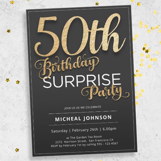 Invitation Gold Black Moderne 50e anniversaire Surprise Party