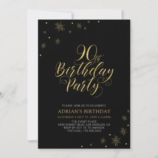 Invitation Gold & Black | Moderne 90e anniversaire chic (Devant)