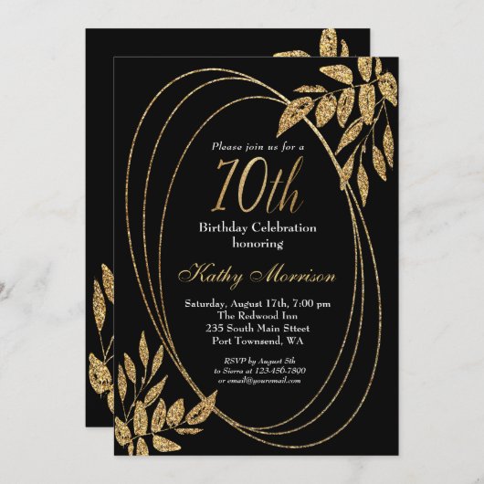 Invitation Gold Black Parties scintillant 70e anniversaire (Devant / Derrière)