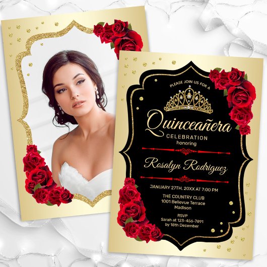 Invitation Gold Black Red Photo Quinceanera