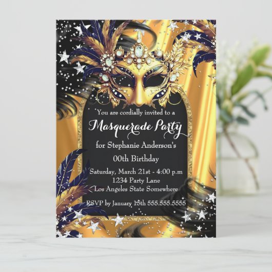 Invitation Gold Black Silver Magical Night Masquerade Party (Debout devant)