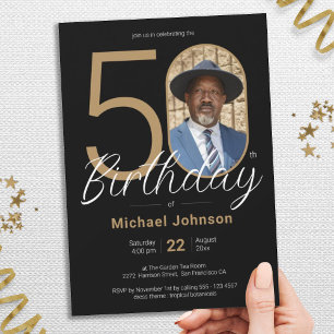Invitation Gold Black Simple Chic Photo personnalisée 50e ann