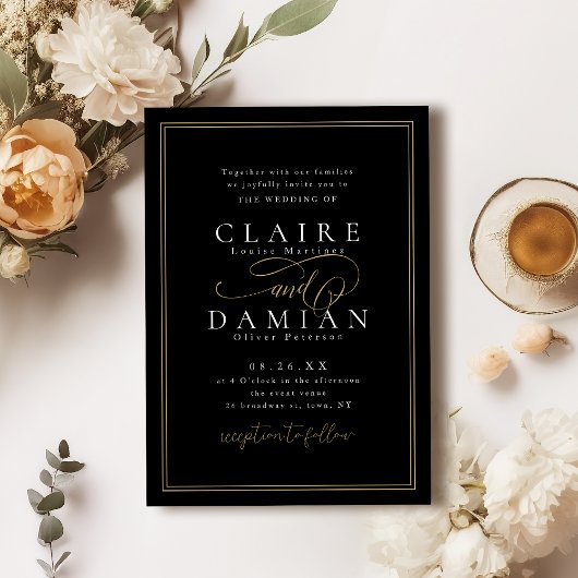 Invitation Gold Black Simple Elegance Romantique Script Maria