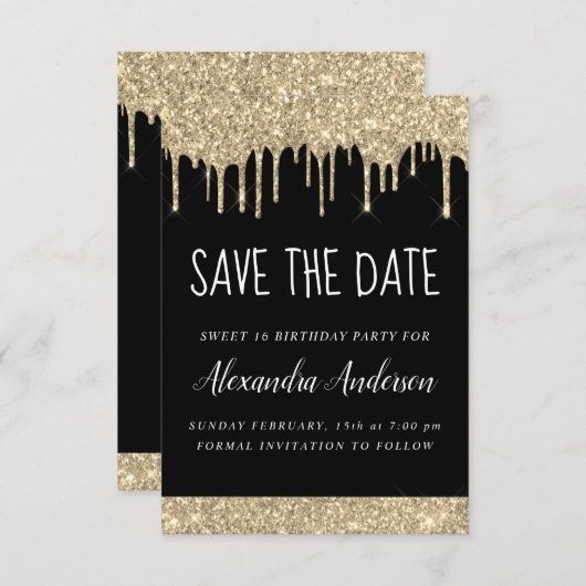 Invitation Gold Black Sparkle Parties scintillant Sweet 16 En (Devant / Derrière)