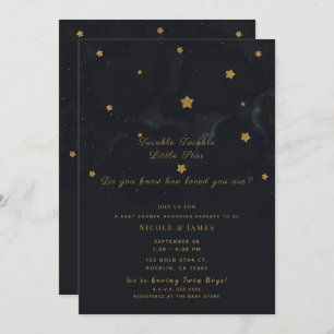 Invitation Gold Black Stars Dark Night Sky Baby showers Twins